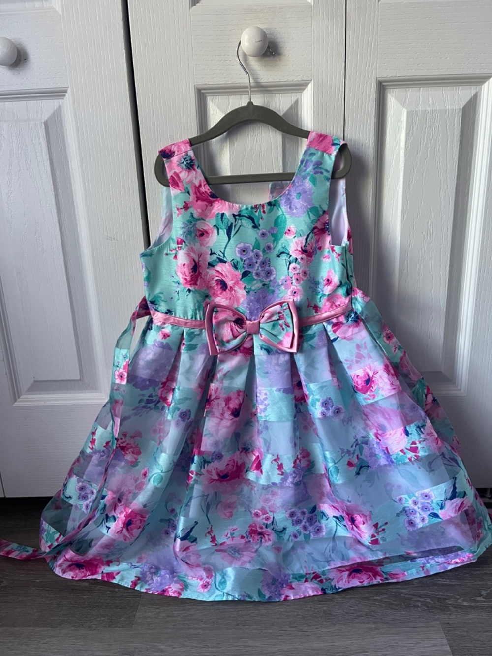 Jona Michelle Mint Floral Party Dress with Pink Bow